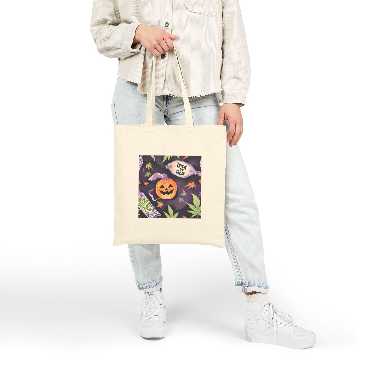 Stoner Halloween Canvas Tote Bag, stoner Halloween tote bag, weed leaves Halloween tote bag, 420 Halloween tote