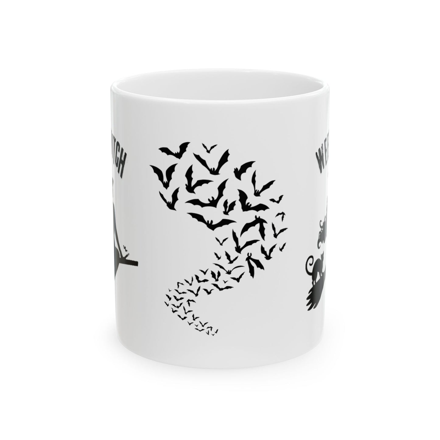 Ceramic Mug - Weed Witch Mug, Stoner Gift, Halloween Theme, Coffee Drinker Gift, Flying Bats, Mug For Your Cannabis Coffee