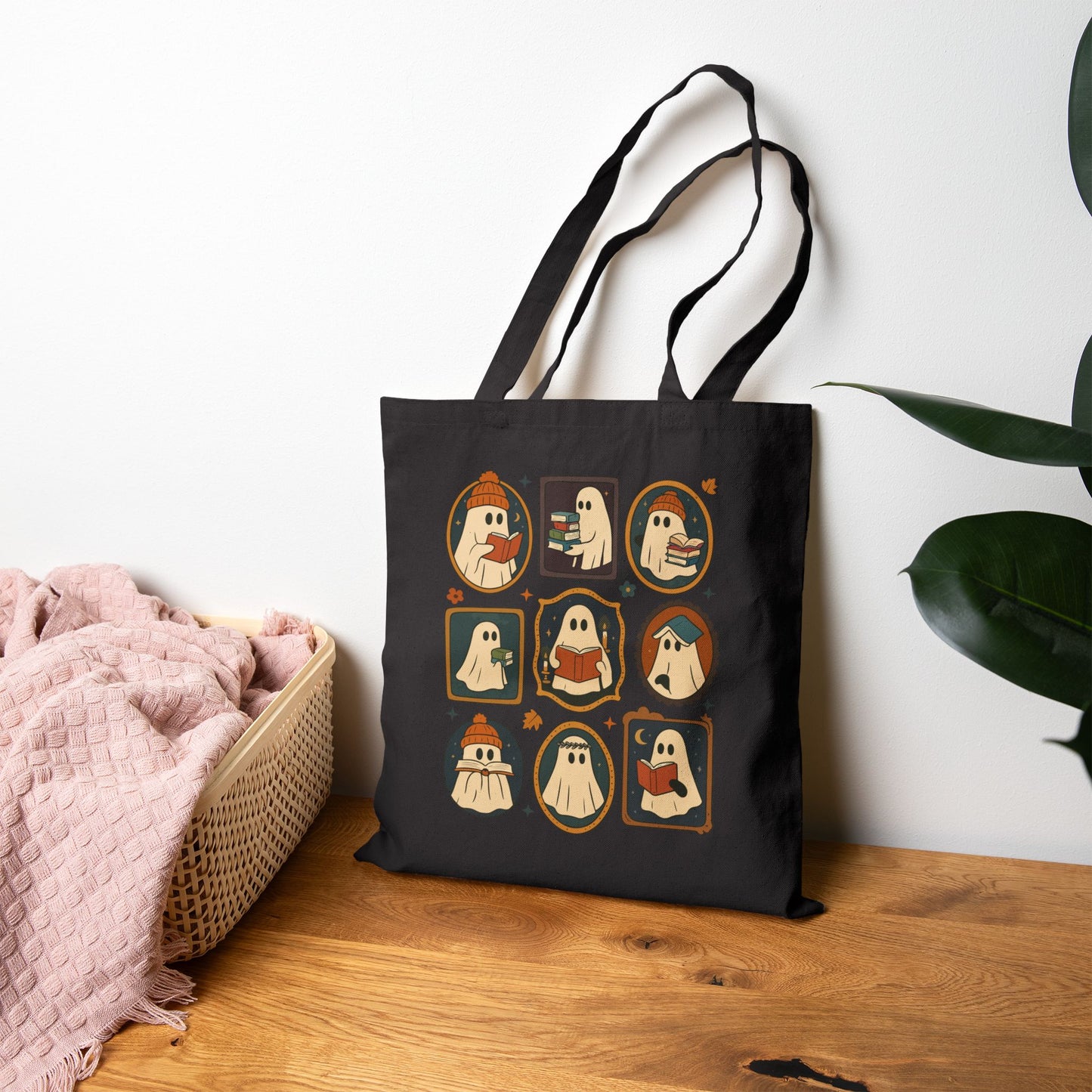 Ghostly Reads - Fall Canvas Tote Bag, Halloween, Book Lovers Gift