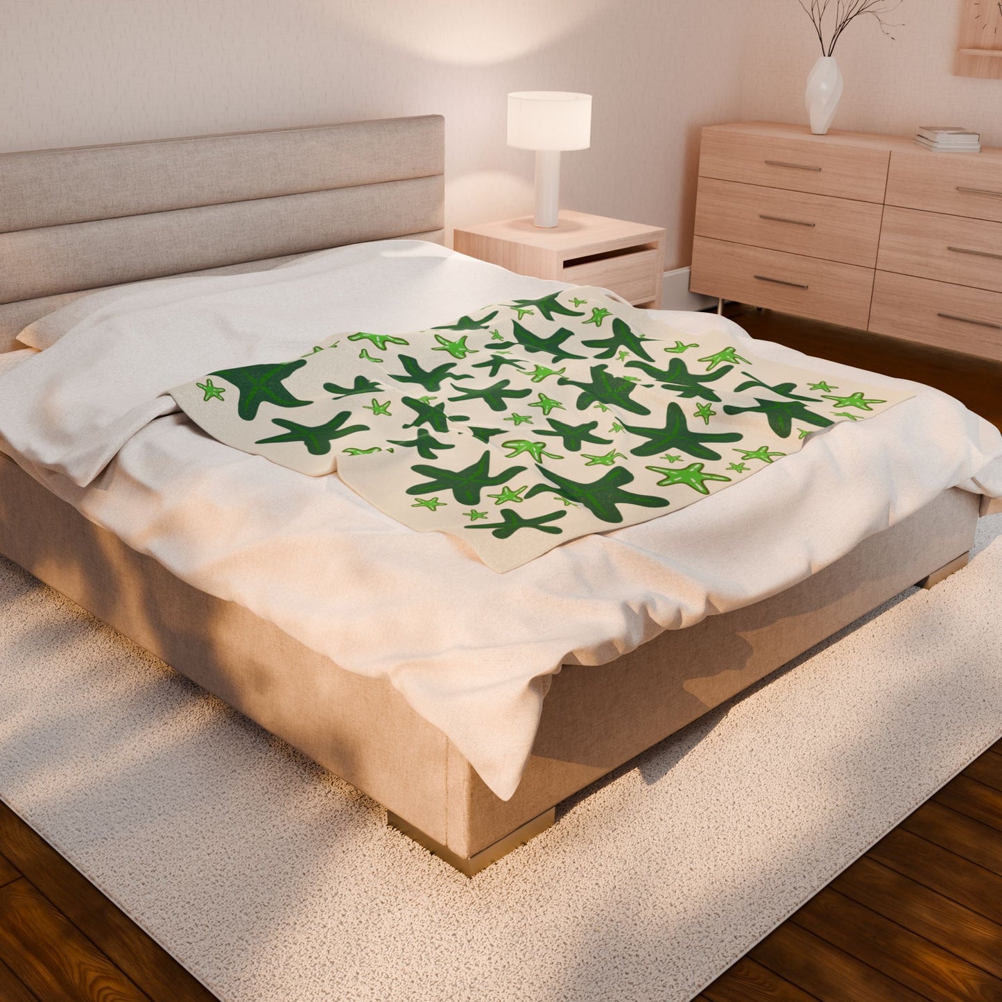 Velveteen Plush Blanket, Sandy Colored with Green Starfish, Beachy Design