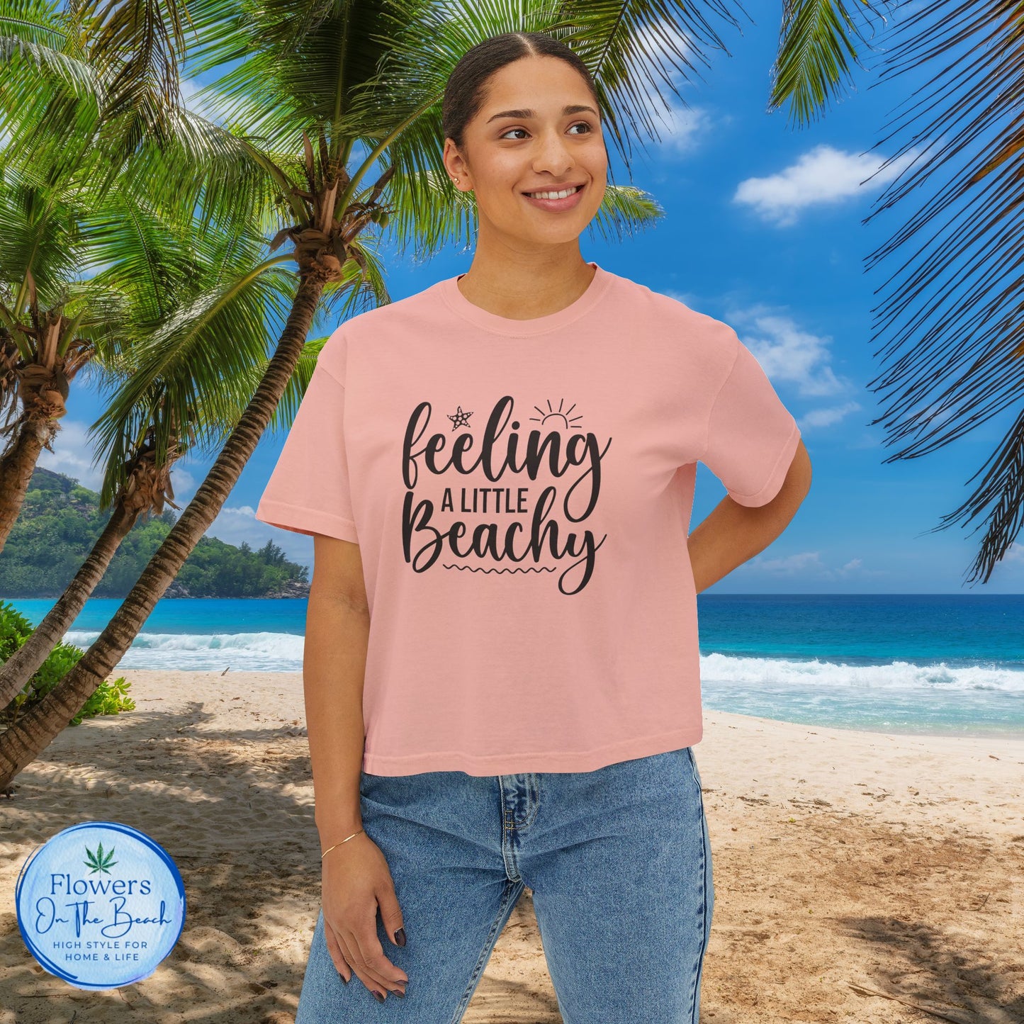 Beachy Women's Boxy Tee, Crop Tshirt, Beach Theme Shirt, Summer Vibes Top, Vacation Apparel