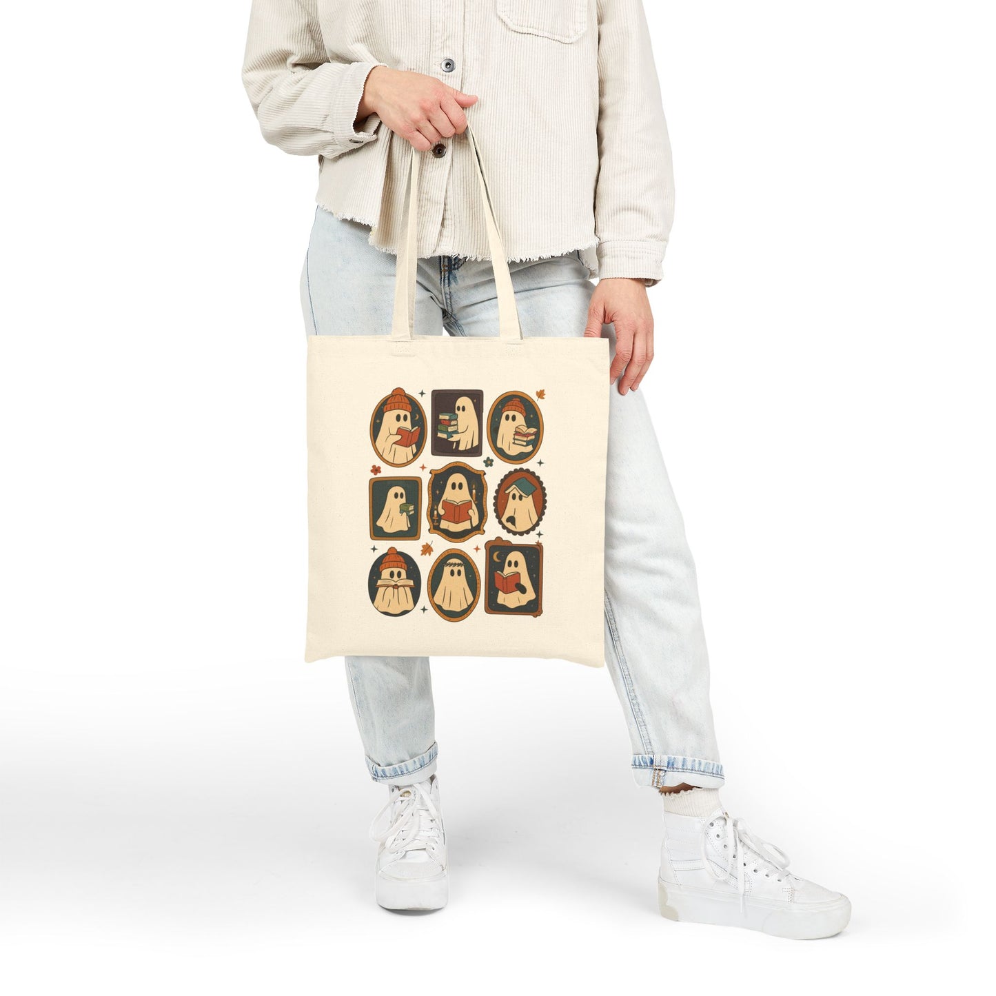 Ghostly Reads - Fall Canvas Tote Bag, Halloween, Book Lovers Gift