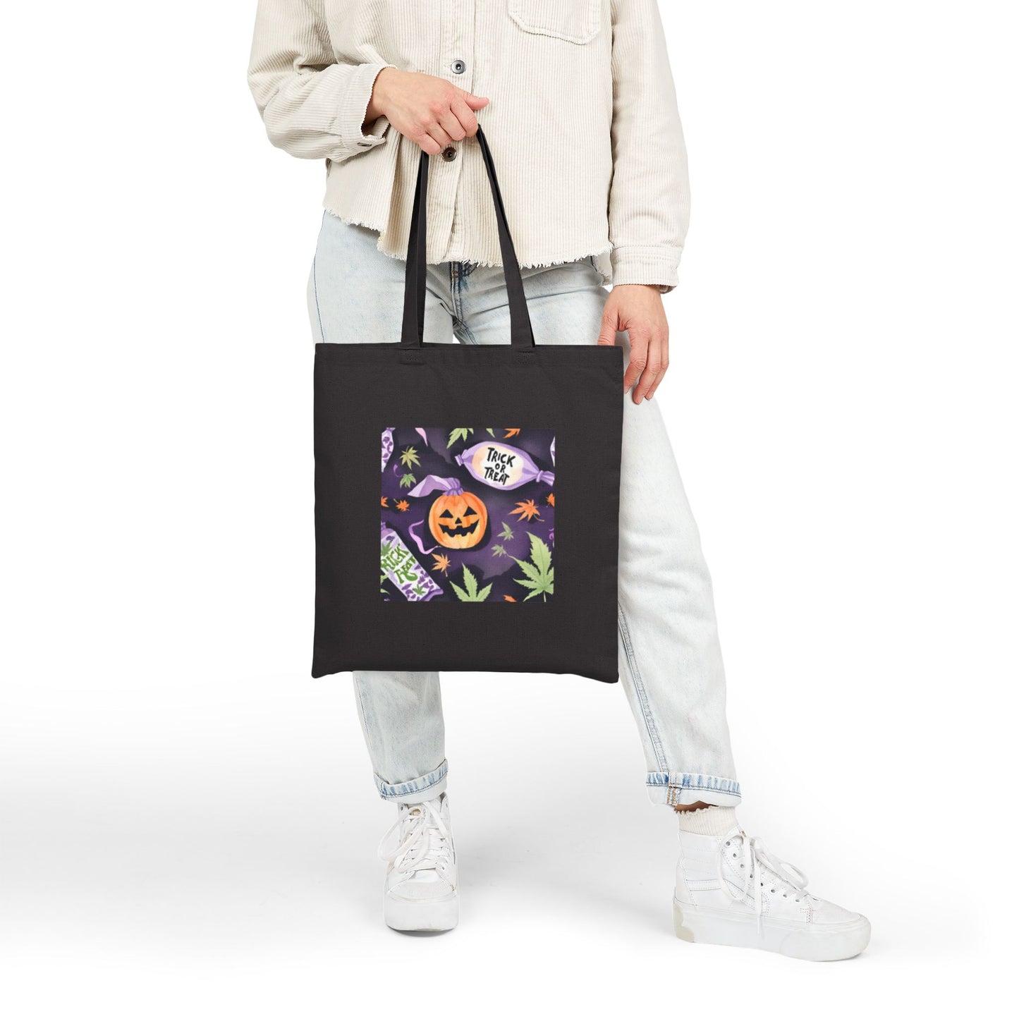 Stoner Halloween Canvas Tote Bag, stoner Halloween tote bag, weed leaves Halloween tote bag, 420 Halloween tote