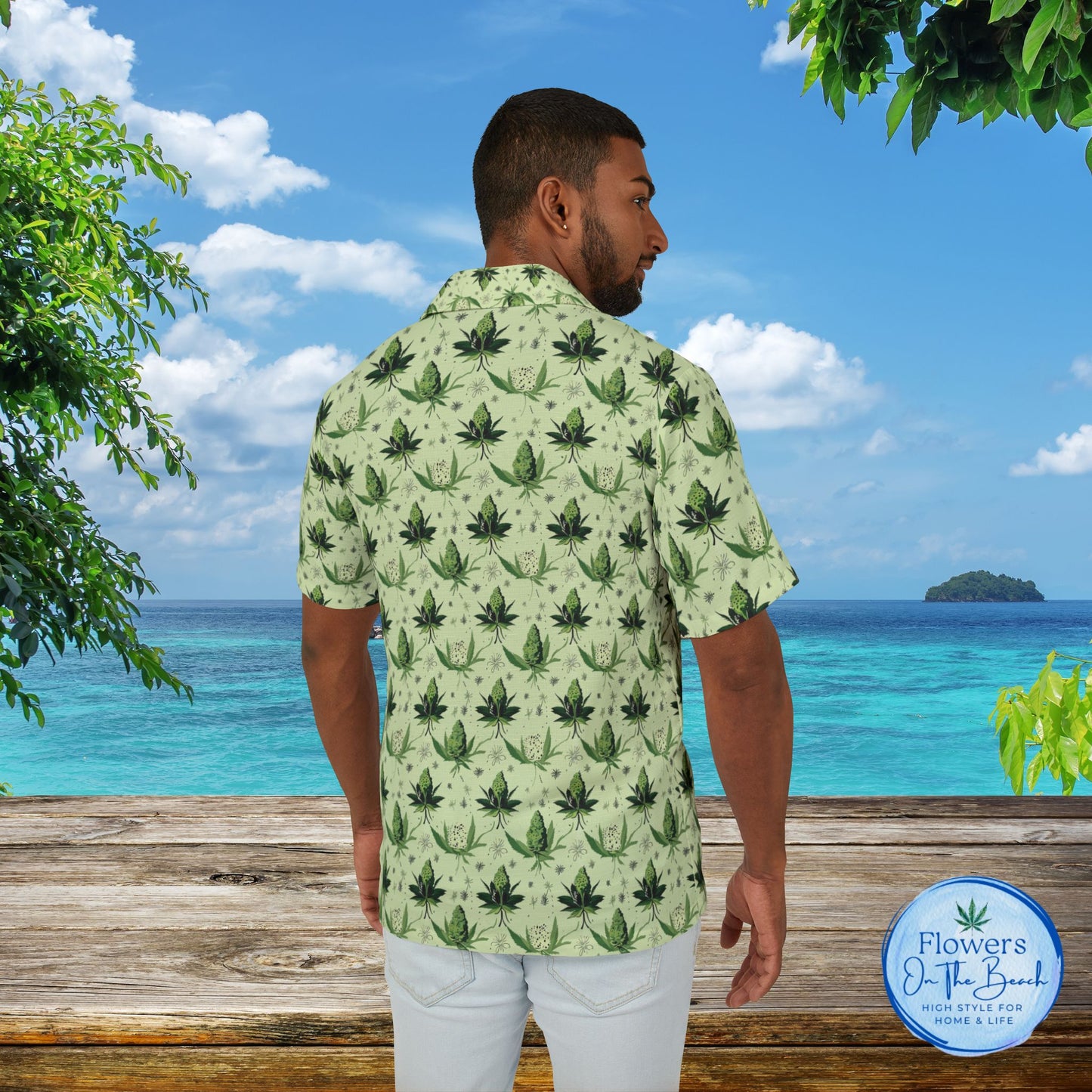 Men's Weed Hawaiian Shirt, Festive Green Marijuana Aloha Shirt, Tropical Cannabis Flowers Button-Up, Rasta Leaf Beach Shirt, Summer 420