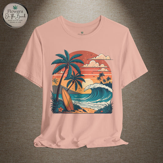 Beach Sunset Surfboards T-Shirt, Ocean Wave Tee, Summer Vacation Top, Beach Lover Shirt, Tropical Beach Apparel