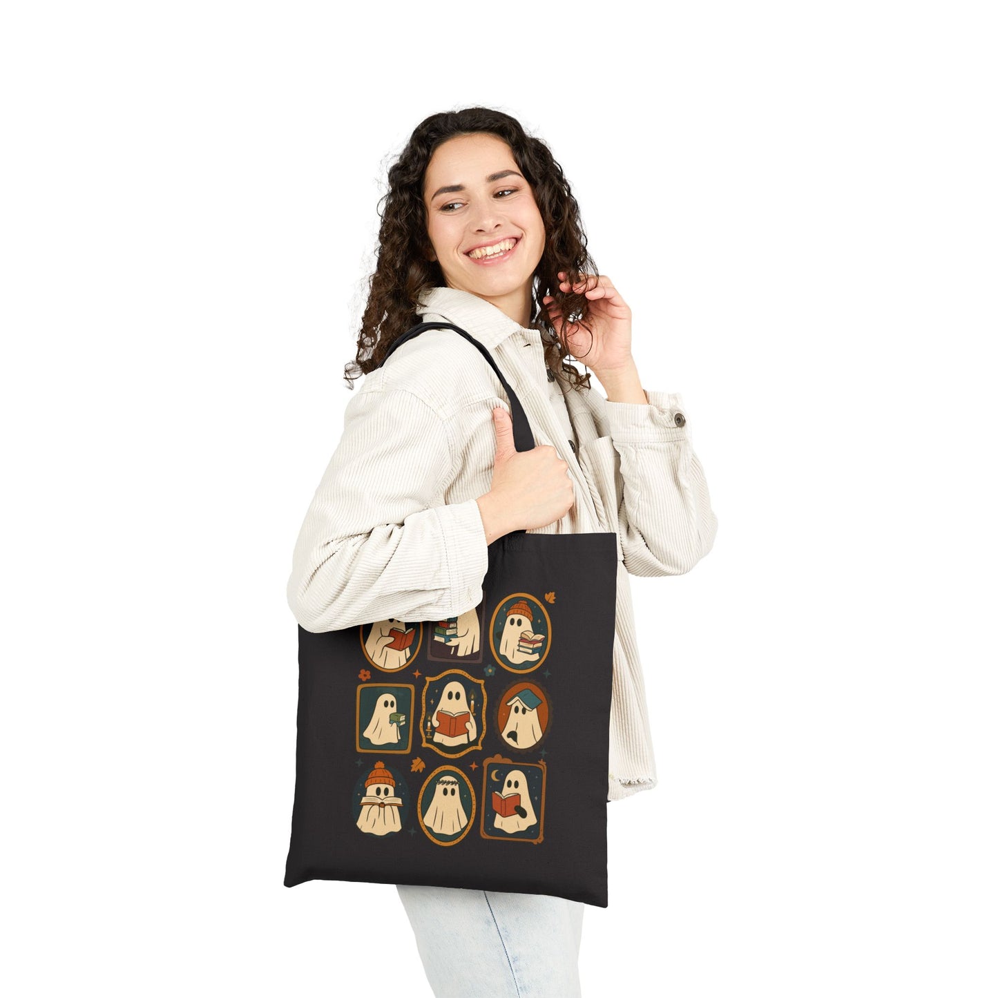 Ghostly Reads - Fall Canvas Tote Bag, Halloween, Book Lovers Gift