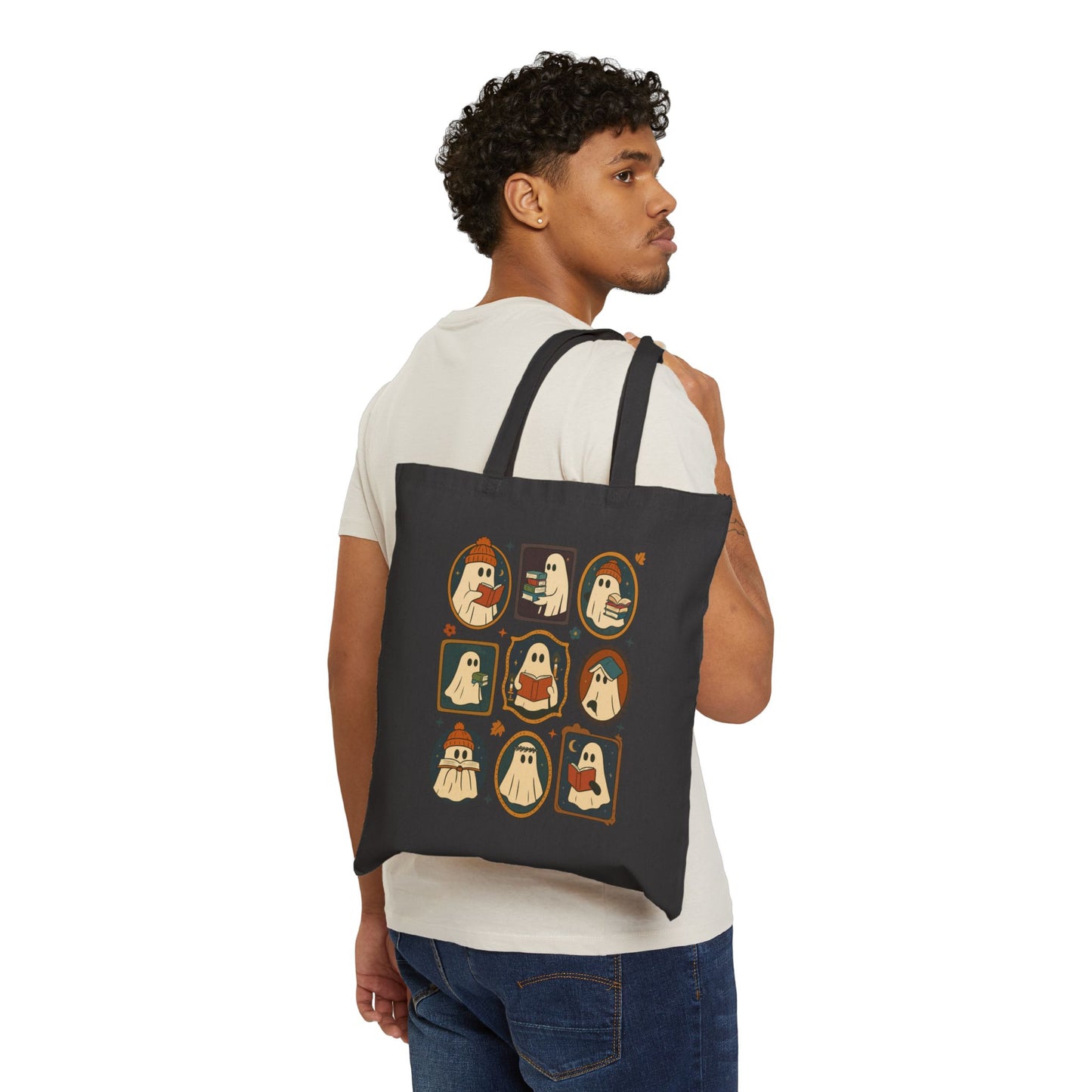 Ghostly Reads - Fall Canvas Tote Bag, Halloween, Book Lovers Gift