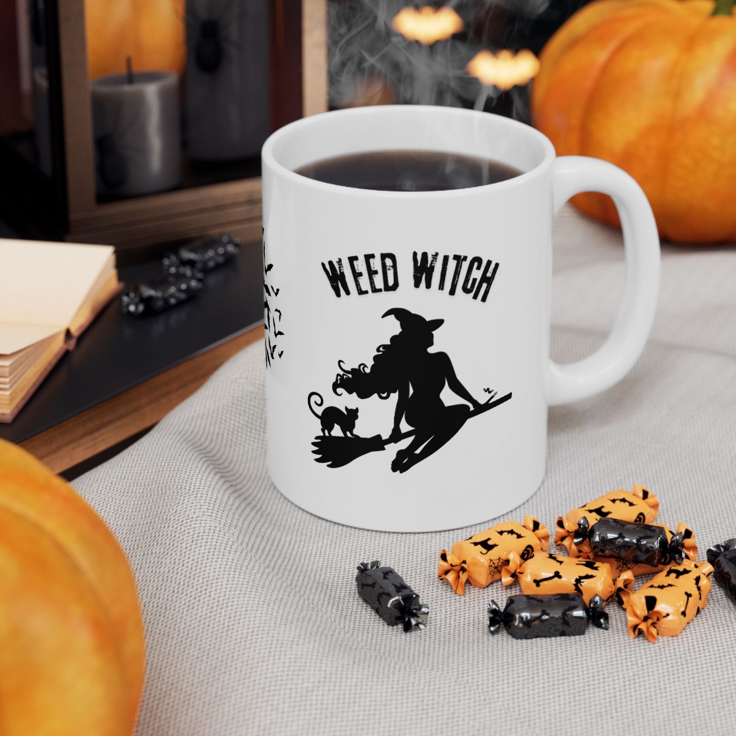 Ceramic Mug - Weed Witch Mug, Stoner Gift, Halloween Theme, Coffee Drinker Gift, Flying Bats, Mug For Your Cannabis Coffee