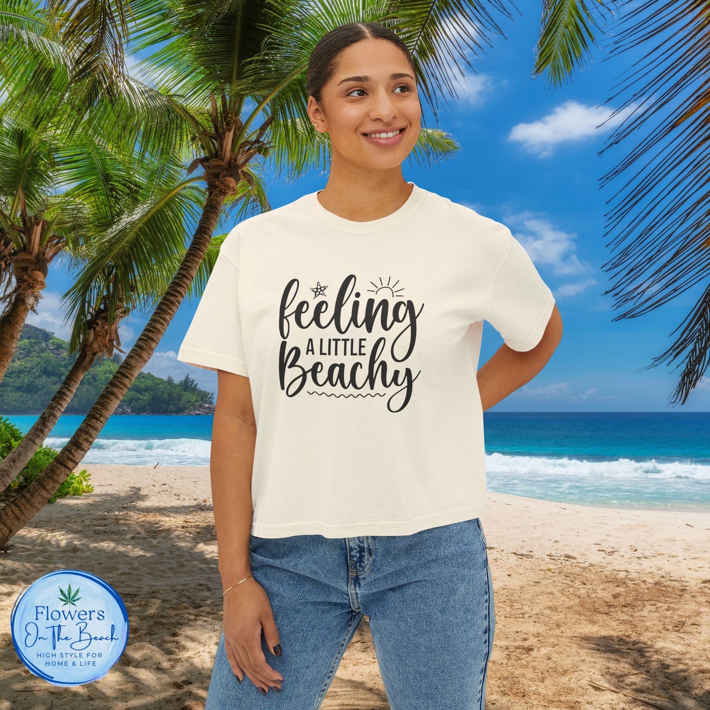 Beachy Women's Boxy Tee, Crop Tshirt, Beach Theme Shirt, Summer Vibes Top, Vacation Apparel