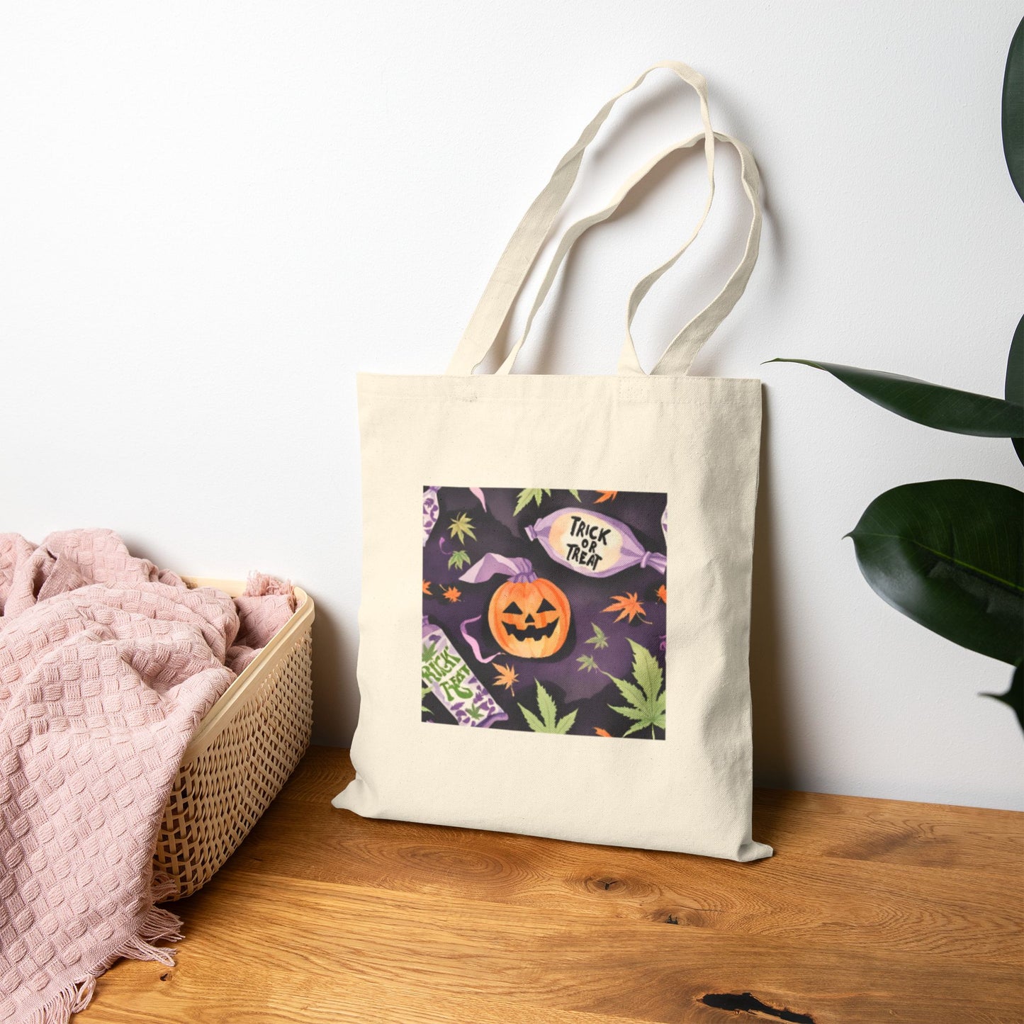Stoner Halloween Canvas Tote Bag, stoner Halloween tote bag, weed leaves Halloween tote bag, 420 Halloween tote