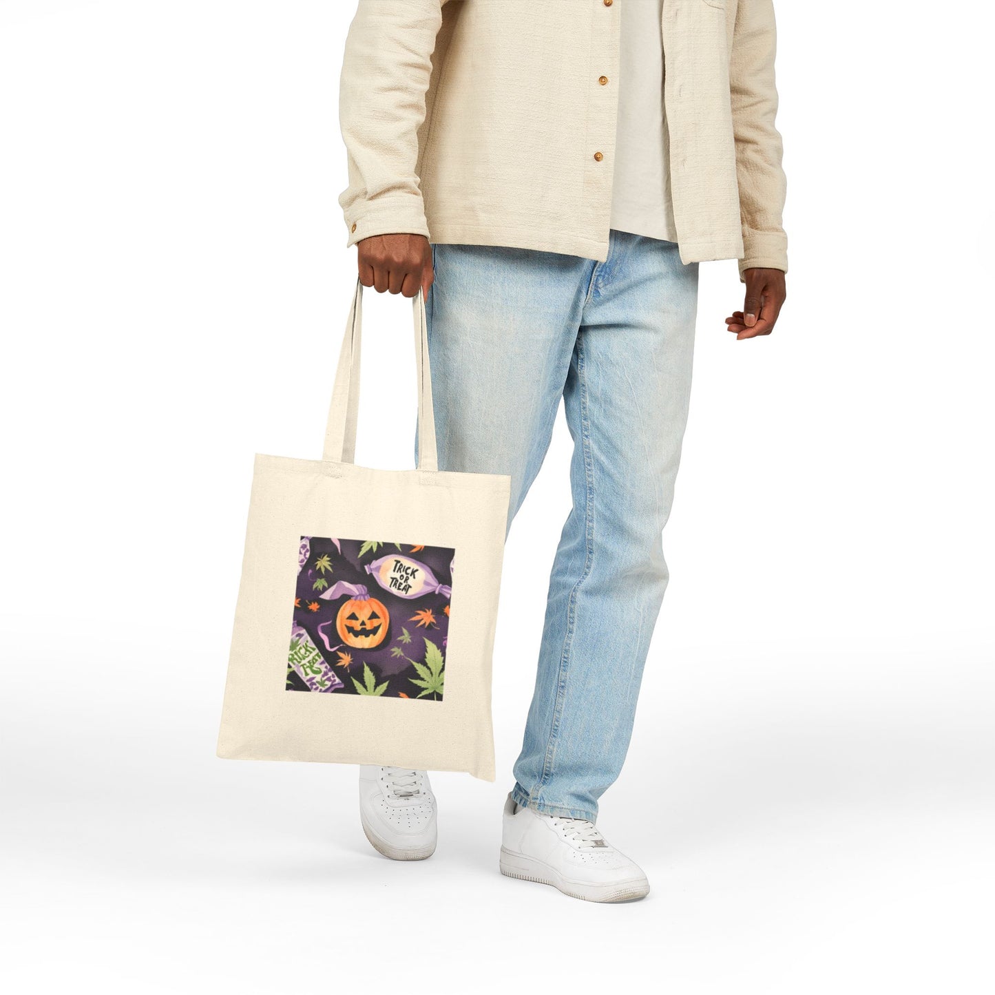 Stoner Halloween Canvas Tote Bag, stoner Halloween tote bag, weed leaves Halloween tote bag, 420 Halloween tote