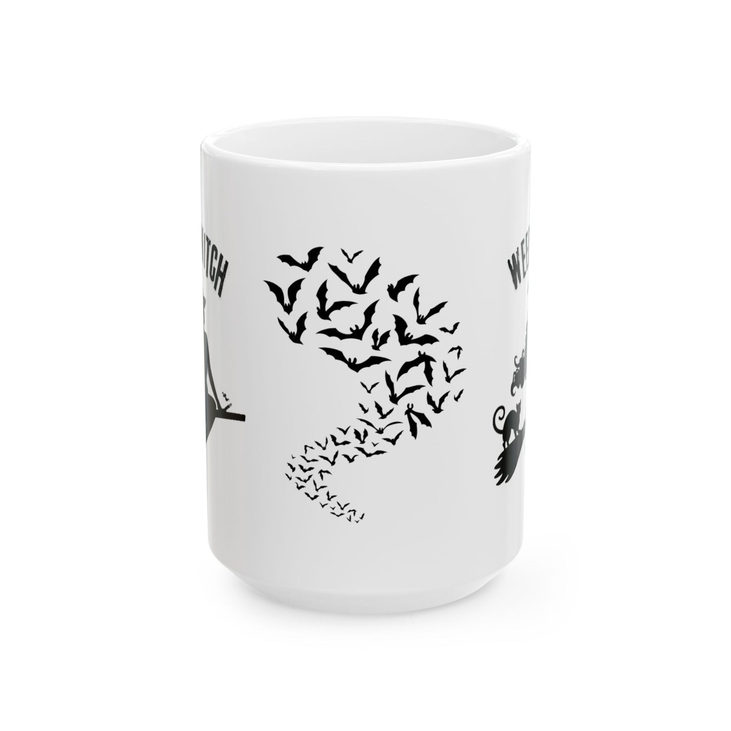 Ceramic Mug - Weed Witch Mug, Stoner Gift, Halloween Theme, Coffee Drinker Gift, Flying Bats, Mug For Your Cannabis Coffee