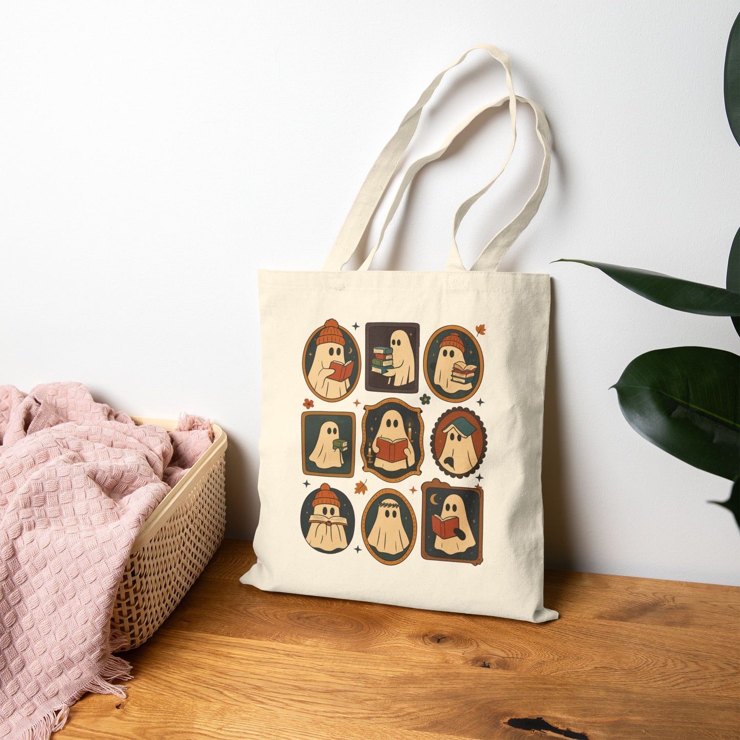 Ghostly Reads - Fall Canvas Tote Bag, Halloween, Book Lovers Gift