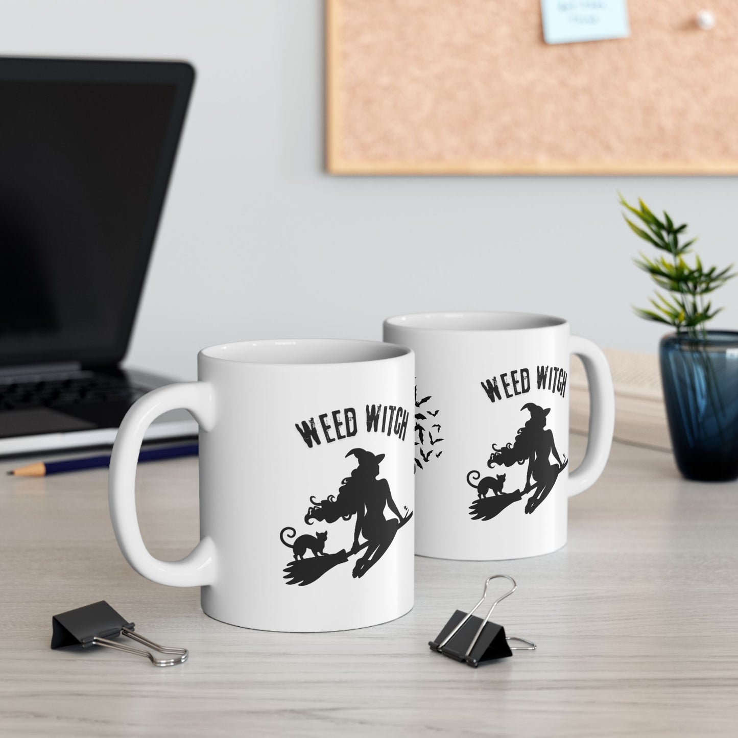Ceramic Mug - Weed Witch Mug, Stoner Gift, Halloween Theme, Coffee Drinker Gift, Flying Bats, Mug For Your Cannabis Coffee