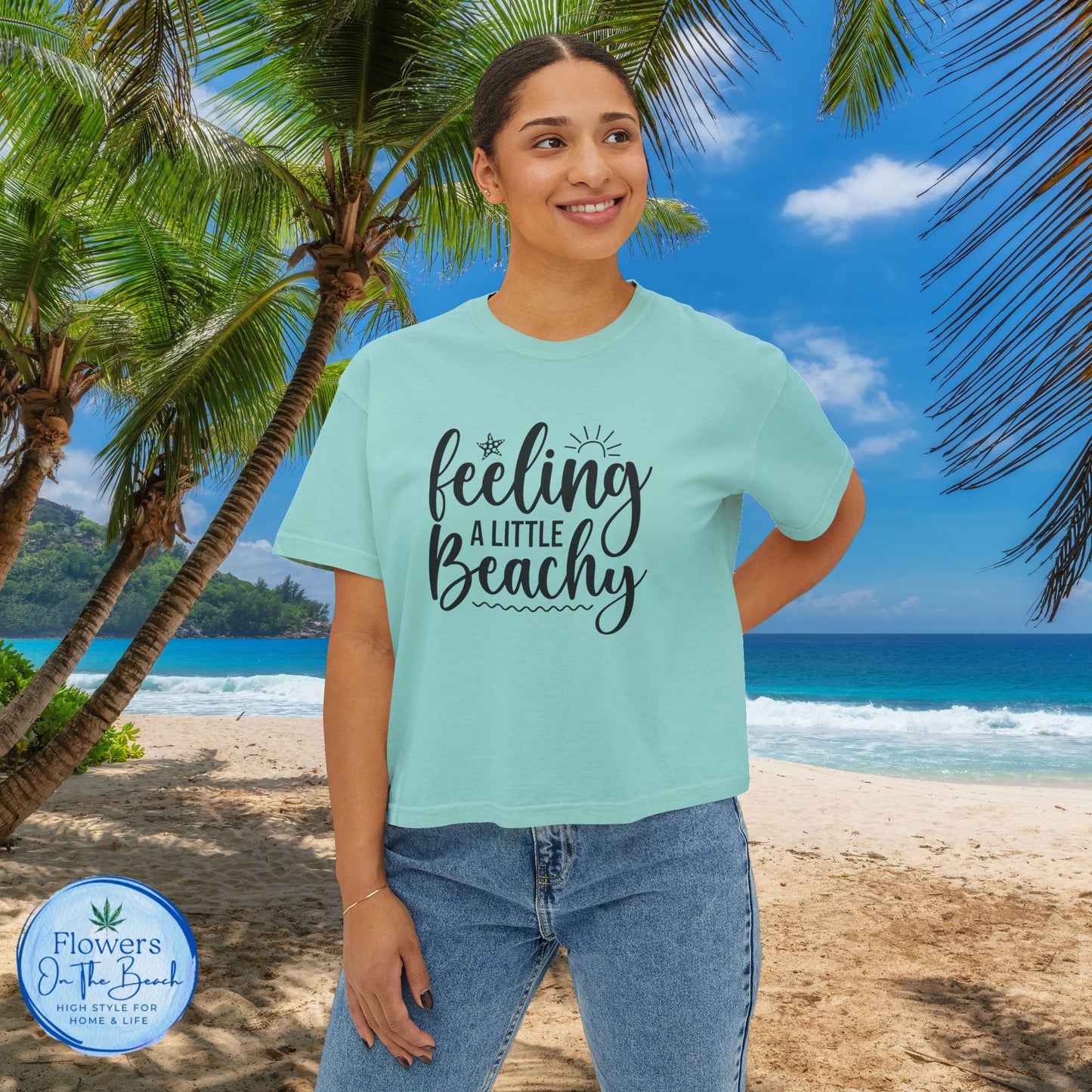 Beachy Women's Boxy Tee, Crop Tshirt, Beach Theme Shirt, Summer Vibes Top, Vacation Apparel
