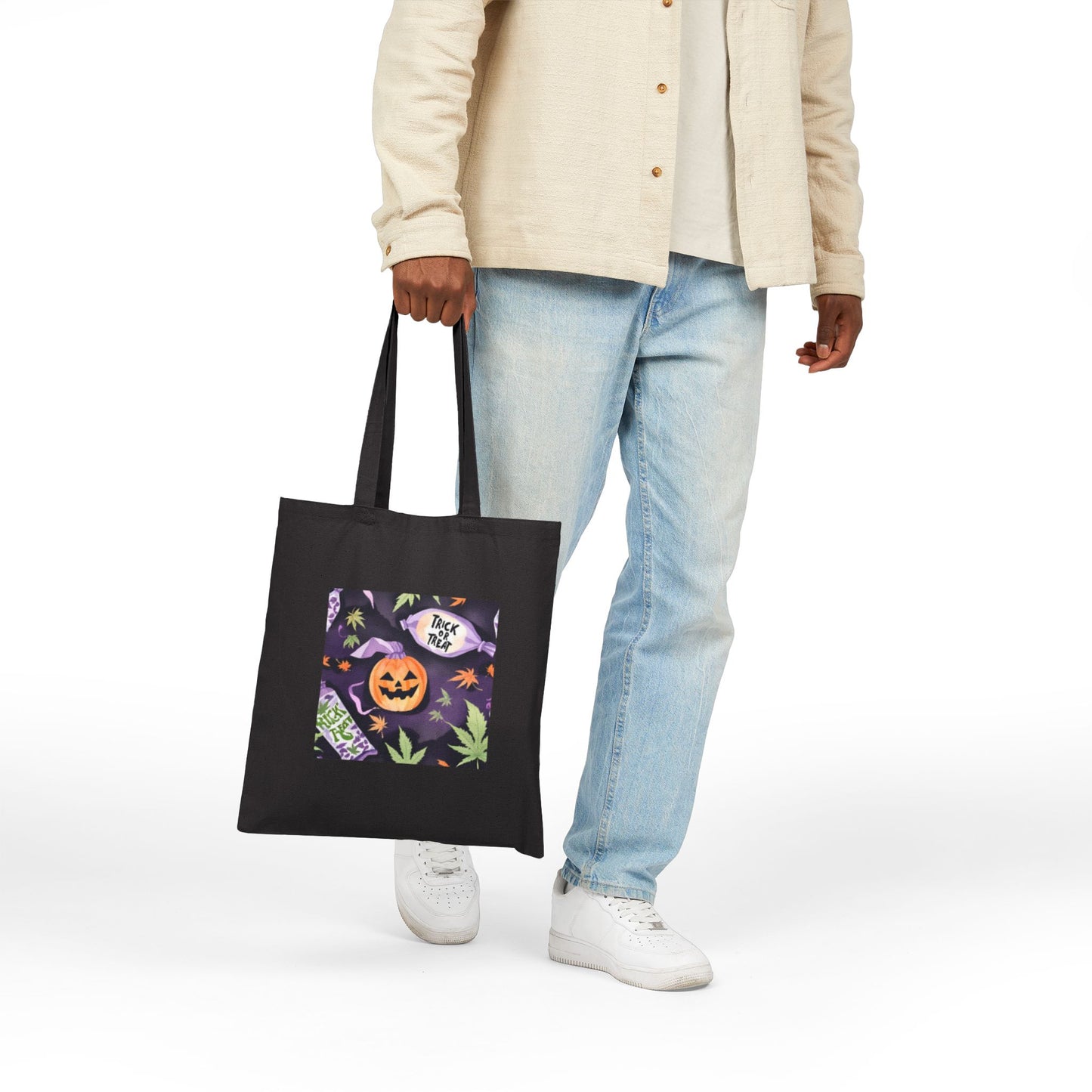 Stoner Halloween Canvas Tote Bag, stoner Halloween tote bag, weed leaves Halloween tote bag, 420 Halloween tote
