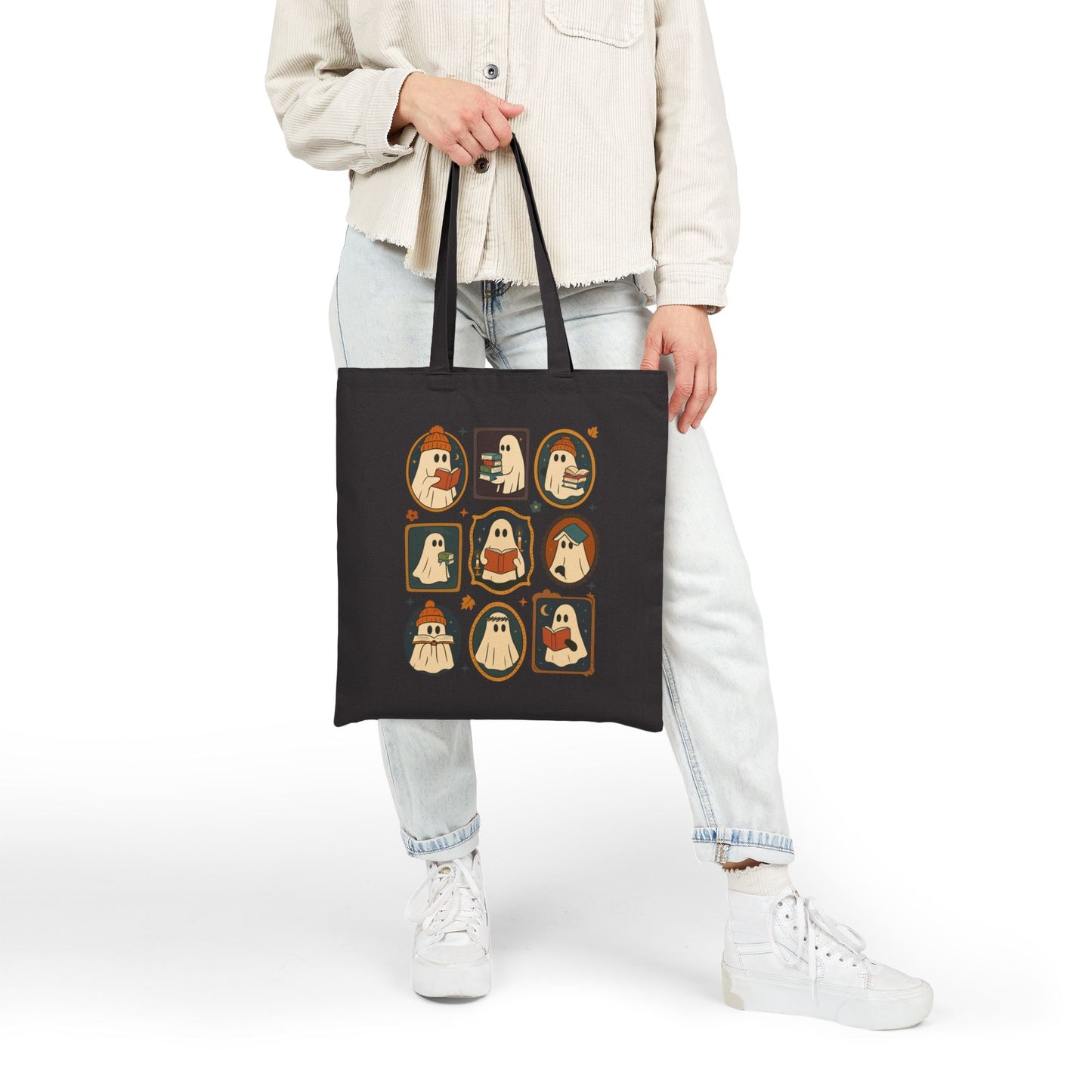 Ghostly Reads - Fall Canvas Tote Bag, Halloween, Book Lovers Gift