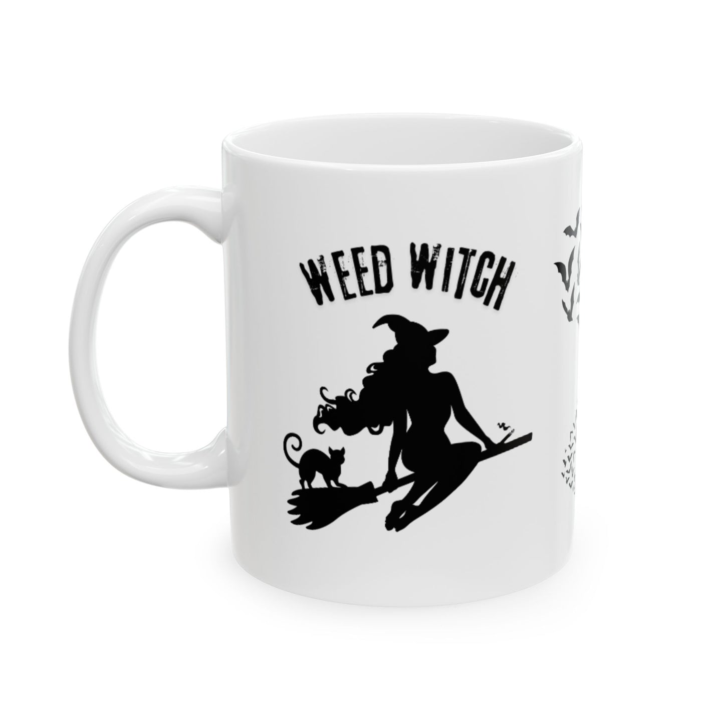 Ceramic Mug - Weed Witch Mug, Stoner Gift, Halloween Theme, Coffee Drinker Gift, Flying Bats, Mug For Your Cannabis Coffee