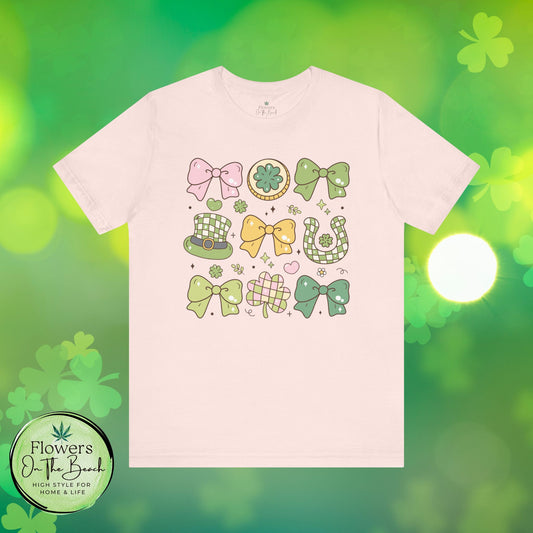St Patrick's Day Retro Style Unisex Tee, Irish Holiday Gift, Vintage Shamrocks, Lucky Charms Shirt, Green Bow Coin Heart Top