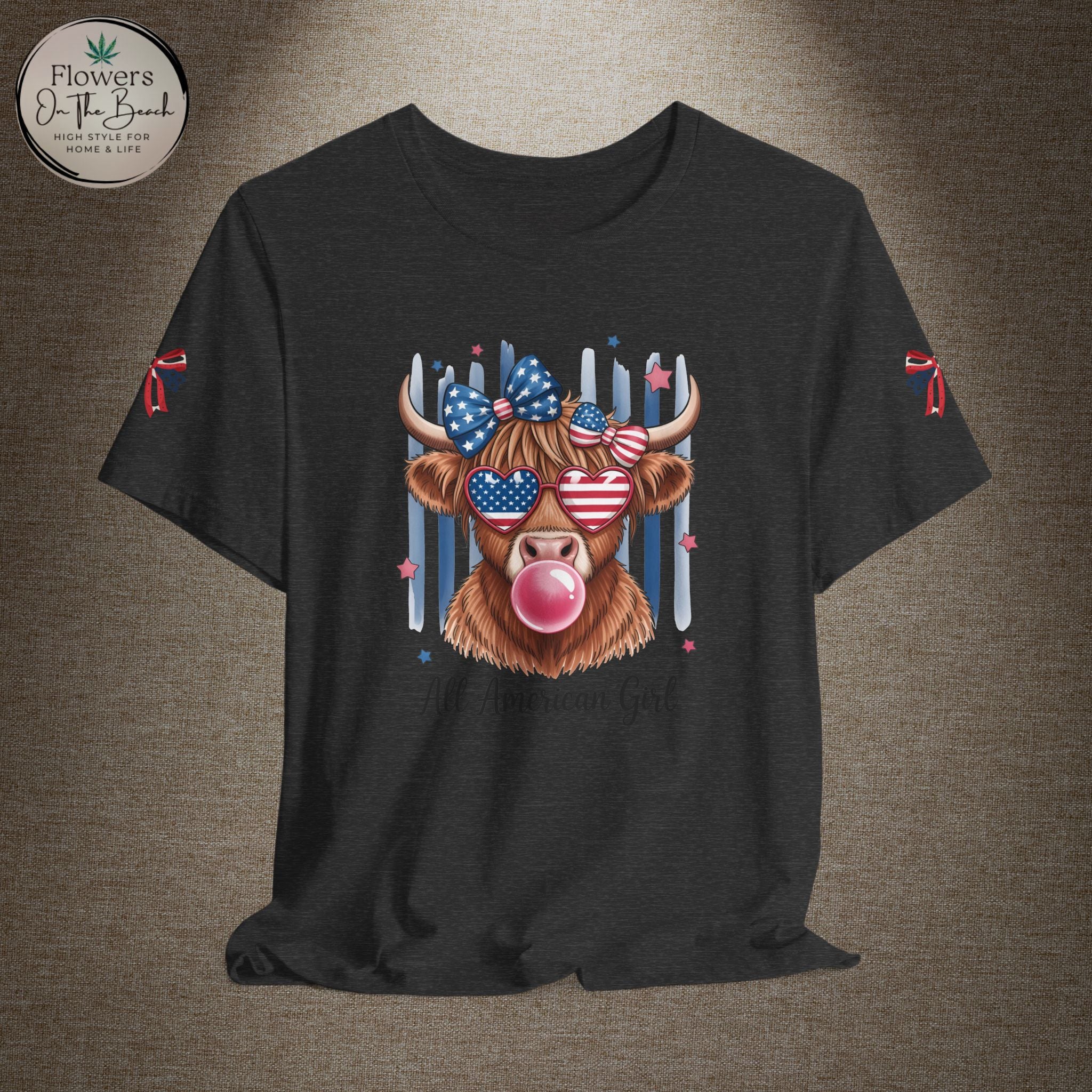 All-American Girl Highland Cow T-Shirt — Patriotic Cute Cow Tee