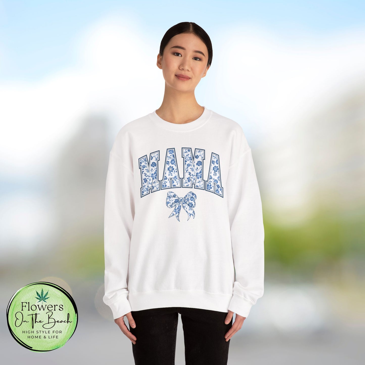 Floral Mama Coquette Blue Flowers Crewneck Sweatshirt, Mother's Day Gift, Gift for Her, Mom Apparel, Floral Sweatshirt, Boy Mom Sweatshirt