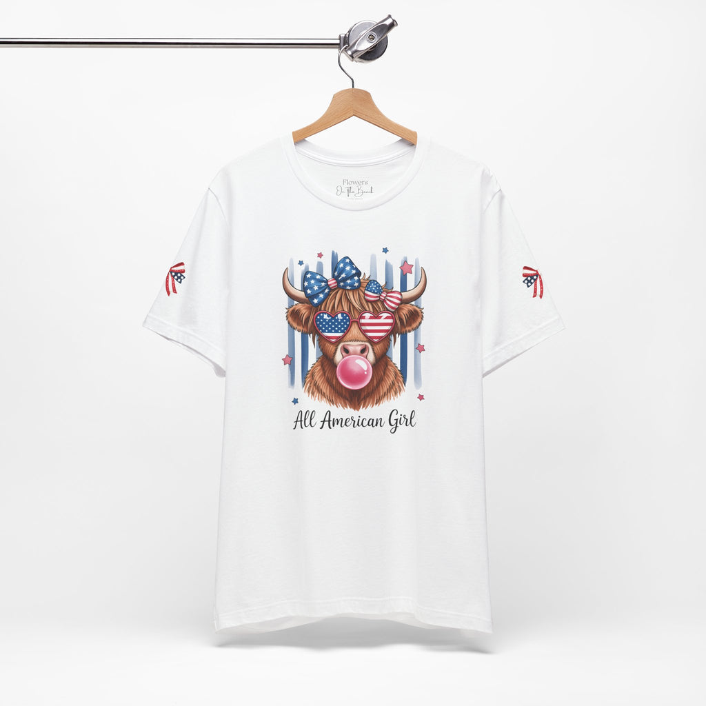 All-American Girl Highland Cow T-Shirt — Patriotic Cute Cow Tee