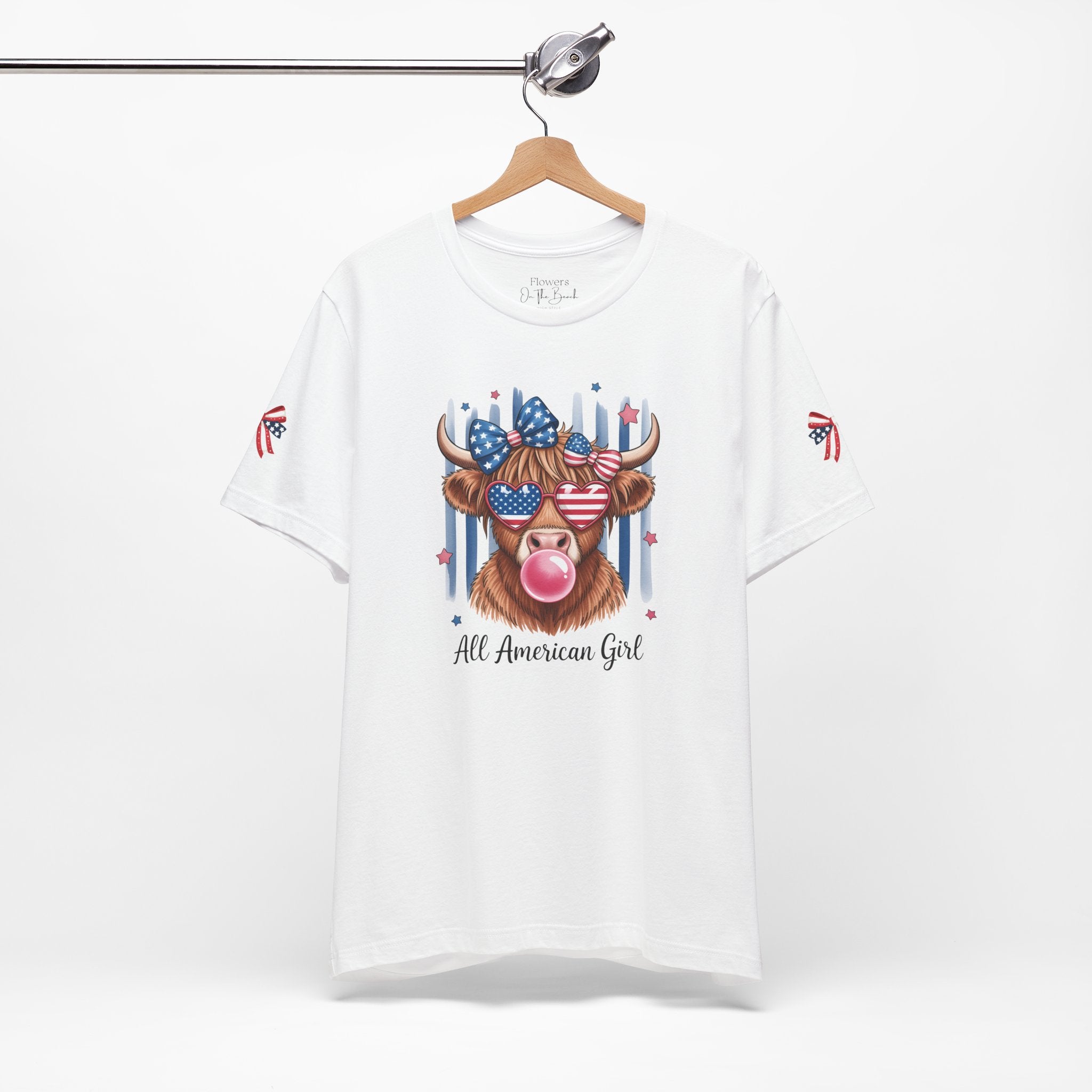 All-American Girl Highland Cow T-Shirt — Patriotic Cute Cow Tee