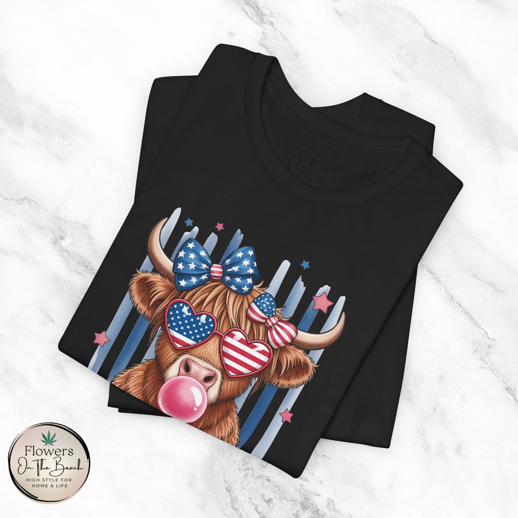 All-American Girl Highland Cow T-Shirt — Patriotic Cute Cow Tee