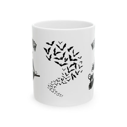 Ceramic Mug - Weed Witch Mug, Stoner Gift, Halloween Theme, Coffee Drinker Gift, Flying Bats, Mug For Your Cannabis Coffee