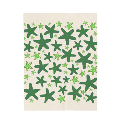 Velveteen Plush Blanket, Sandy Colored with Green Starfish, Beachy Design