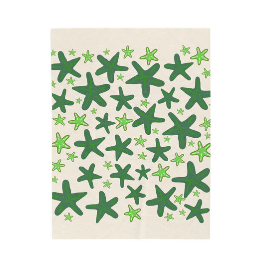 Velveteen Plush Blanket, Sandy Colored with Green Starfish, Beachy Design