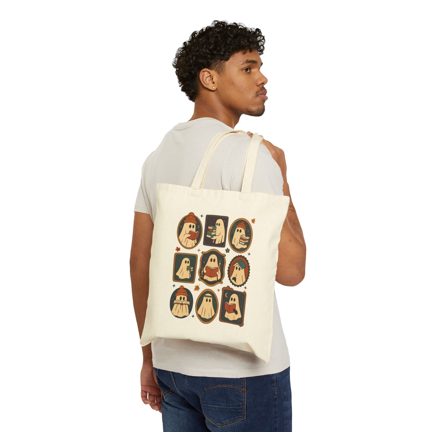 Ghostly Reads - Fall Canvas Tote Bag, Halloween, Book Lovers Gift