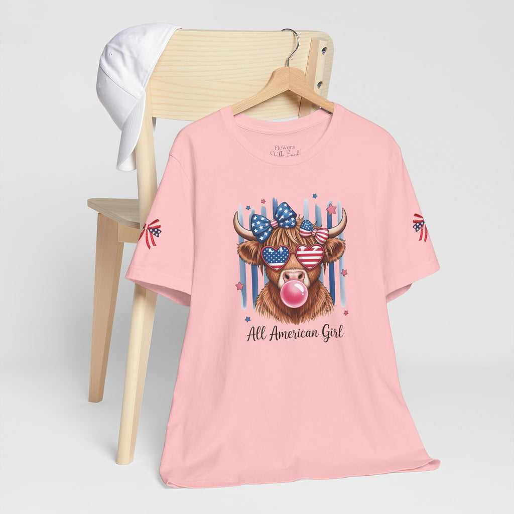All-American Girl Highland Cow T-Shirt — Patriotic Cute Cow Tee