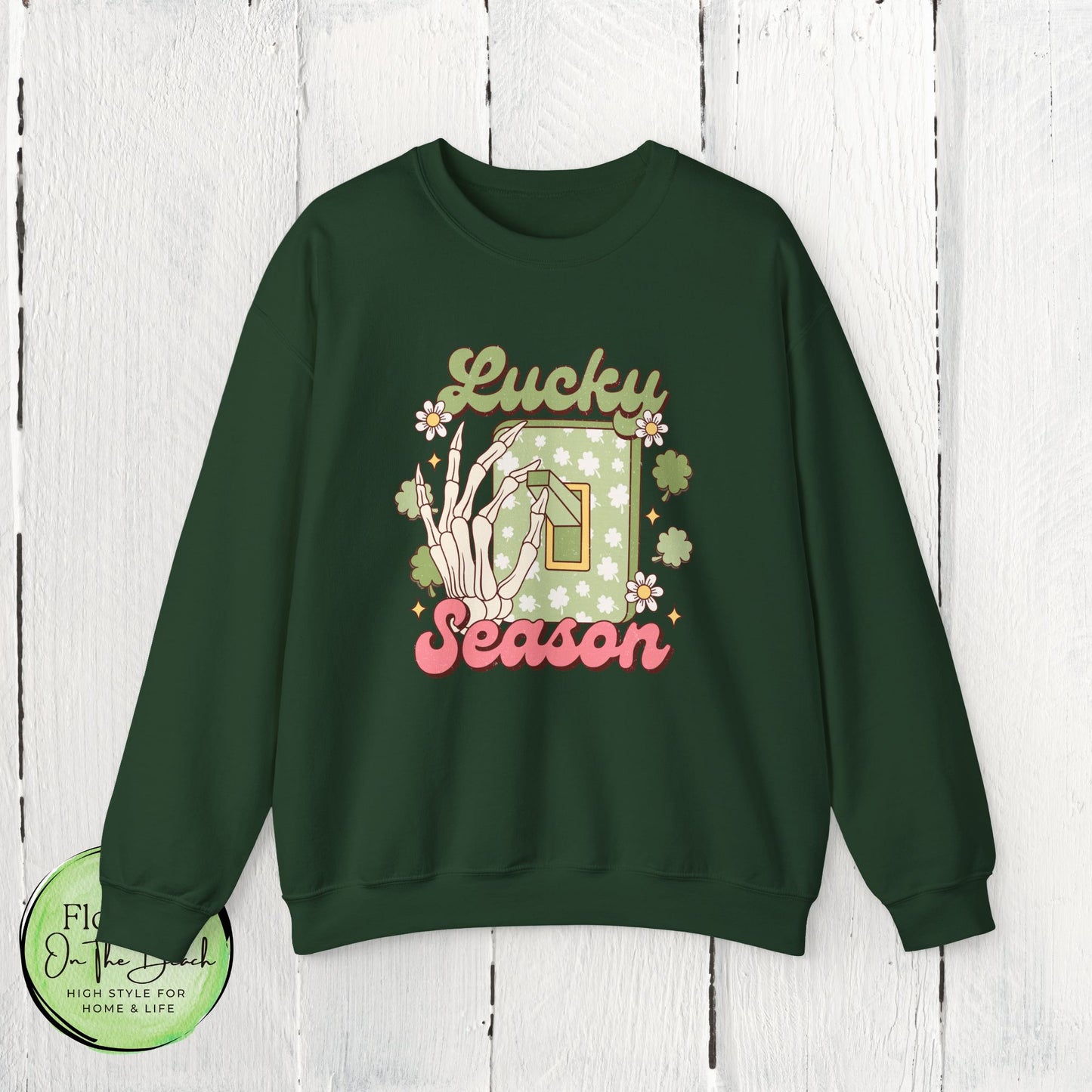 St Patrick's Day Crewneck Sweatshirt, Lucky Season Skeleton Hand Light Switch, Unisex Heavy Blend Pullover, Gift for St Paddy's Day,
