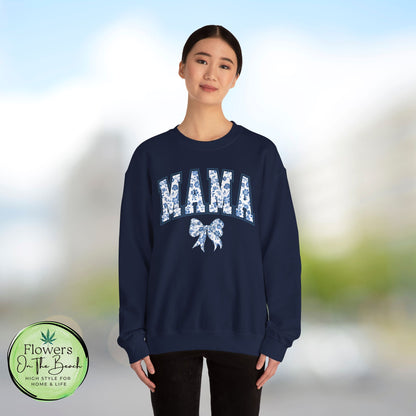 Floral Mama Coquette Blue Flowers Crewneck Sweatshirt, Mother's Day Gift, Gift for Her, Mom Apparel, Floral Sweatshirt, Boy Mom Sweatshirt