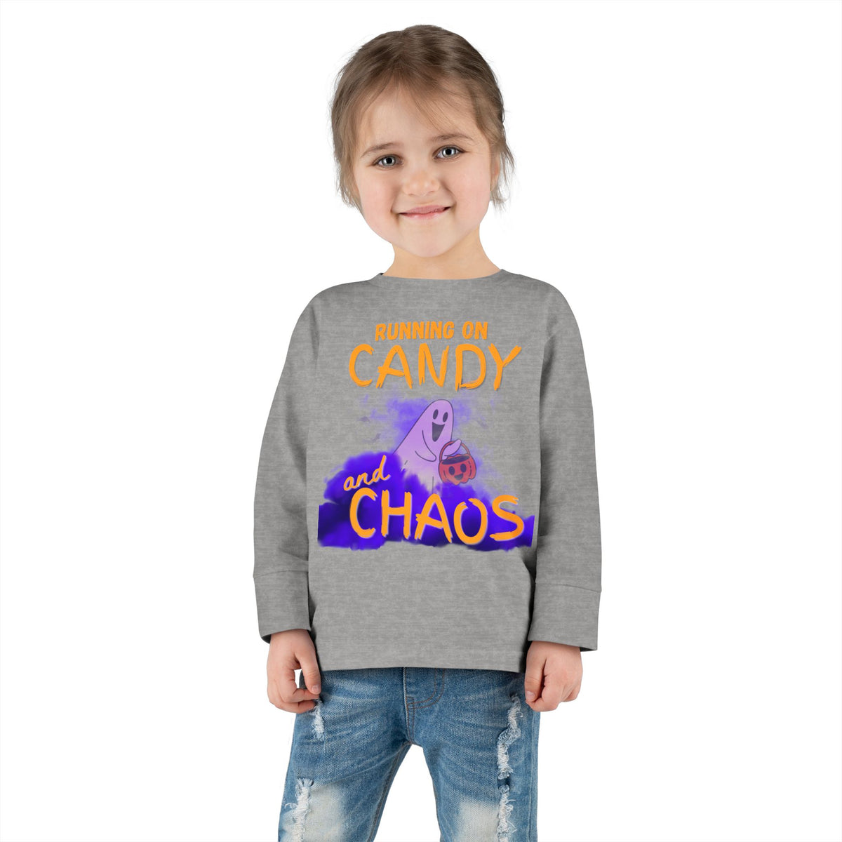 Toddler Long Sleeve Tee - 'Running on Candy and Chaos' Halloween Pumpkin Shirt