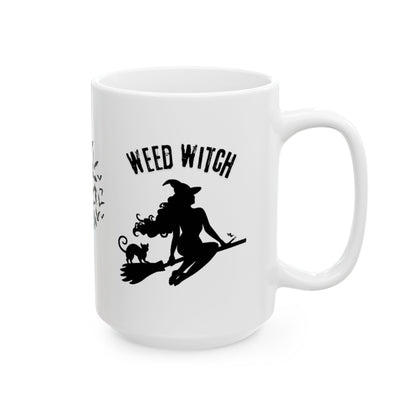 Ceramic Mug - Weed Witch Mug, Stoner Gift, Halloween Theme, Coffee Drinker Gift, Flying Bats, Mug For Your Cannabis Coffee