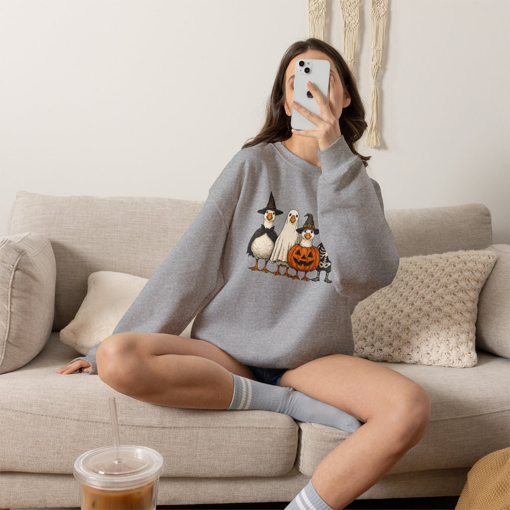 Halloween Duck Crewneck Sweatshirt — Cute Ducks in Costumes with Pumpkin & Skeleton
