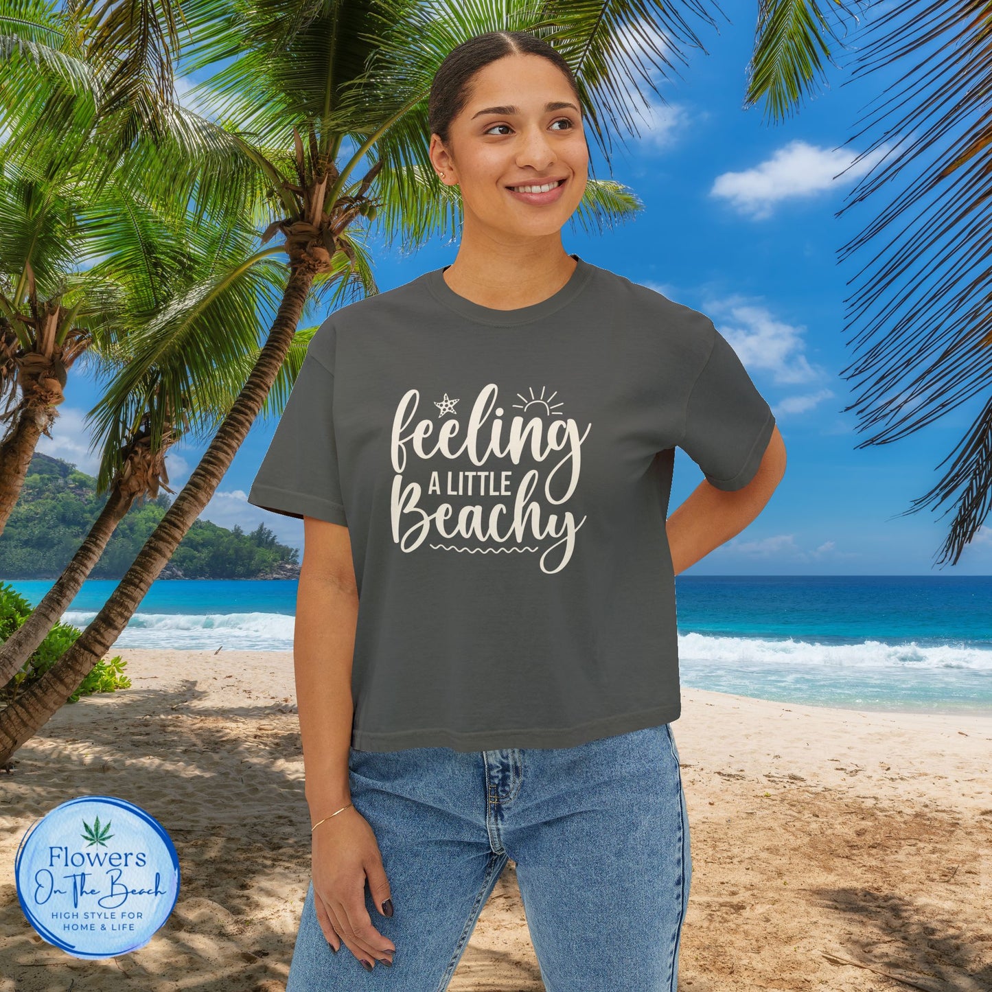 Beachy Women's Boxy Tee, Crop Tshirt, Beach Theme Shirt, Summer Vibes Top, Vacation Apparel