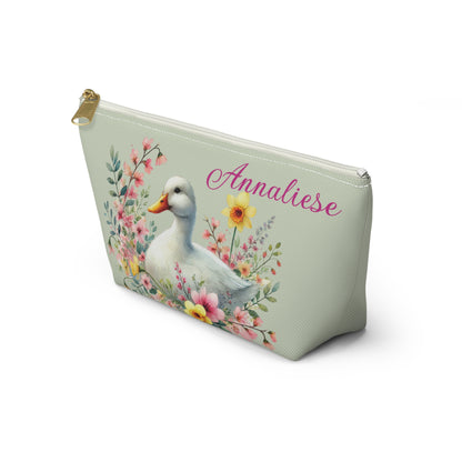 Personalized Floral Duck Accessory Pouch, Cute Makeup Bag, Spring Gift, Organizer, Easter Decor, Flower-Themed Storage