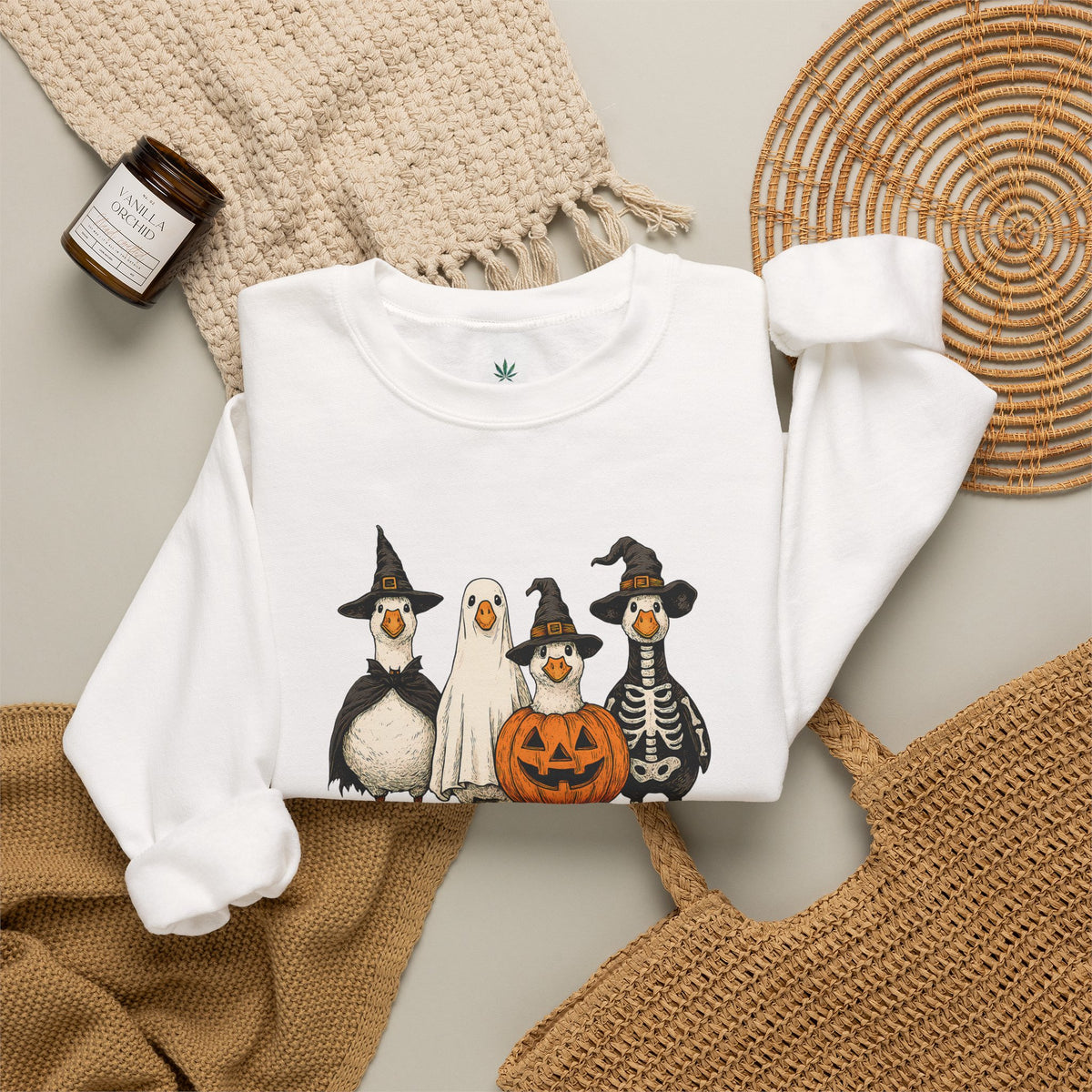 Halloween Duck Crewneck Sweatshirt — Cute Ducks in Costumes with Pumpkin & Skeleton