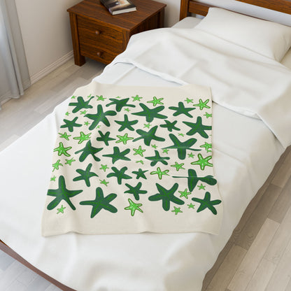 Velveteen Plush Blanket, Sandy Colored with Green Starfish, Beachy Design