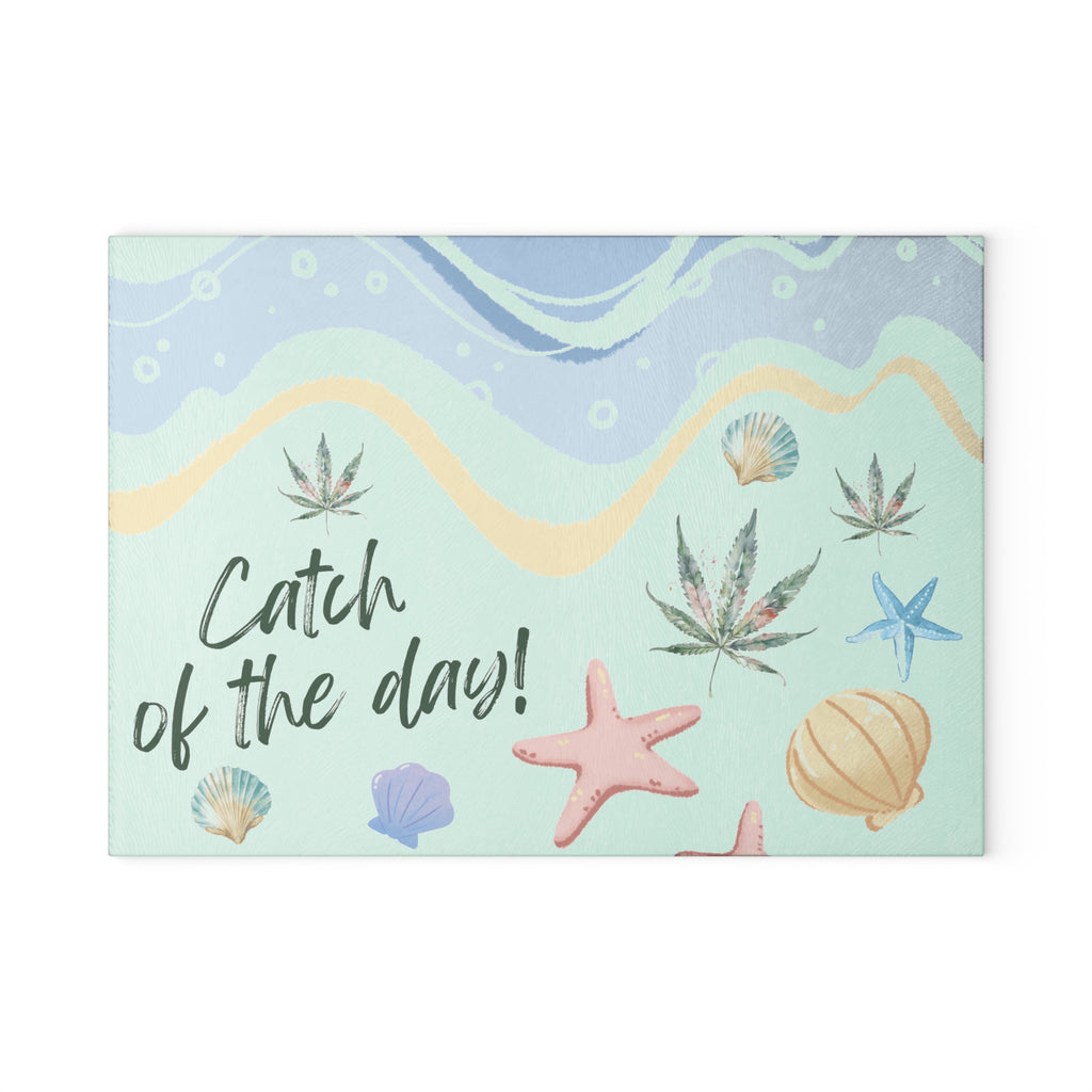 Catch of the Day ( with Subtle Weed Leaves) Glass Cutting Board