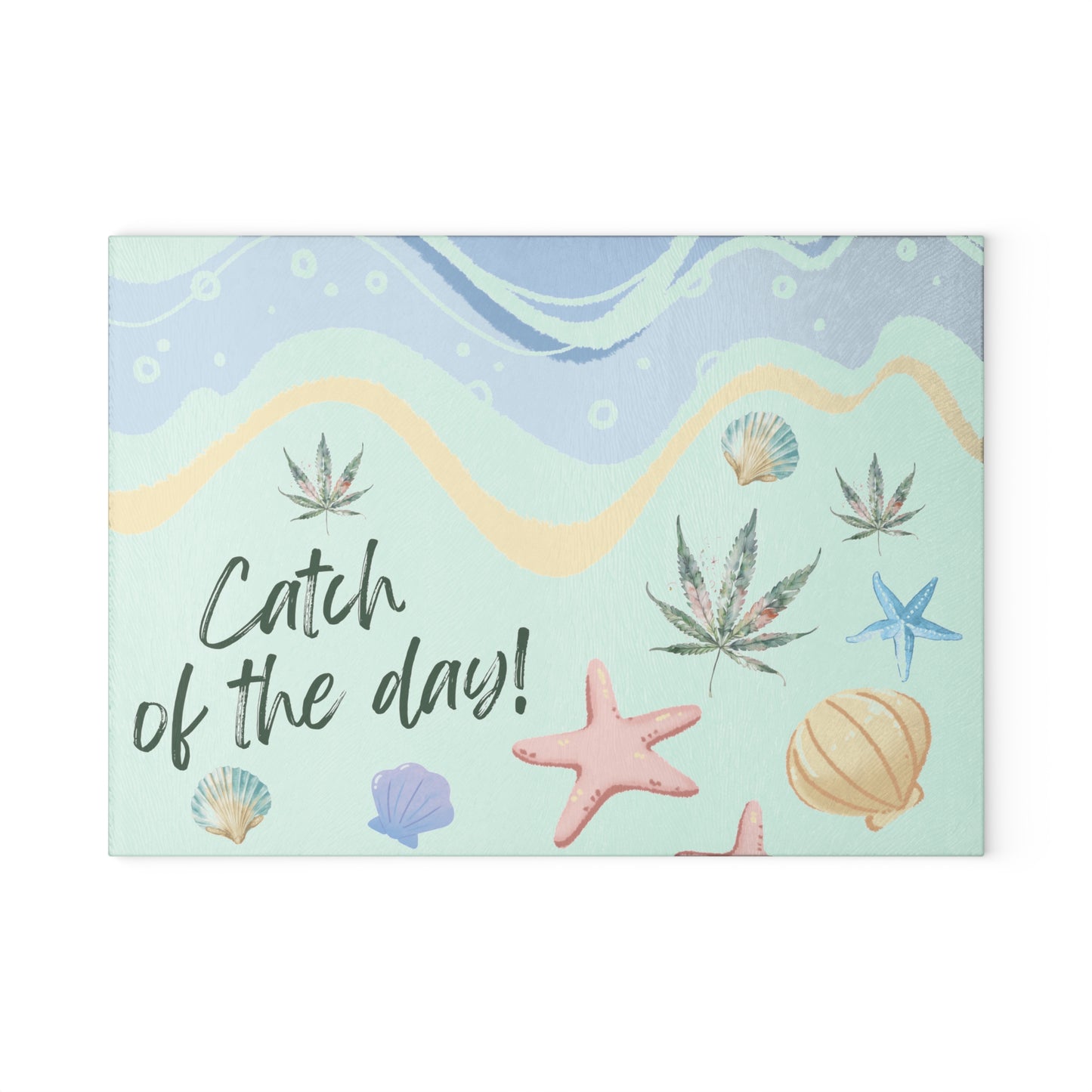 Glass Board, Catch of the Day, Cannabis Flowers on the Beach, 420 Kitchen Decor, 420 Gift, Foodie Gift, Beach Theme Decor, Weed Themed Decor