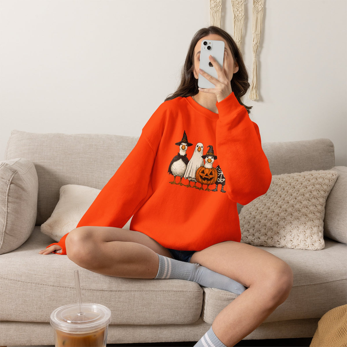 Halloween Duck Crewneck Sweatshirt — Cute Ducks in Costumes with Pumpkin & Skeleton