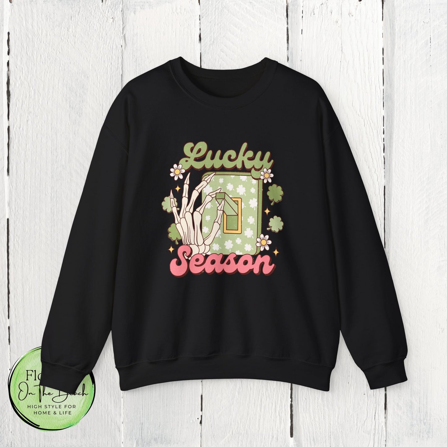 St Patrick's Day Crewneck Sweatshirt, Lucky Season Skeleton Hand Light Switch, Unisex Heavy Blend Pullover, Gift for St Paddy's Day,