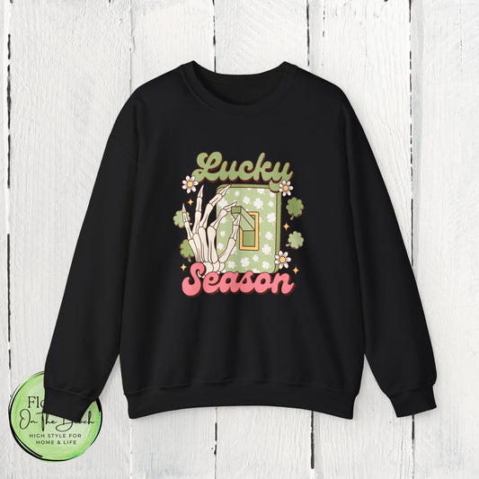 St Patrick's Day Crewneck Sweatshirt, Lucky Season Skeleton Hand Light Switch, Unisex Heavy Blend Pullover, Gift for St Paddy's Day,