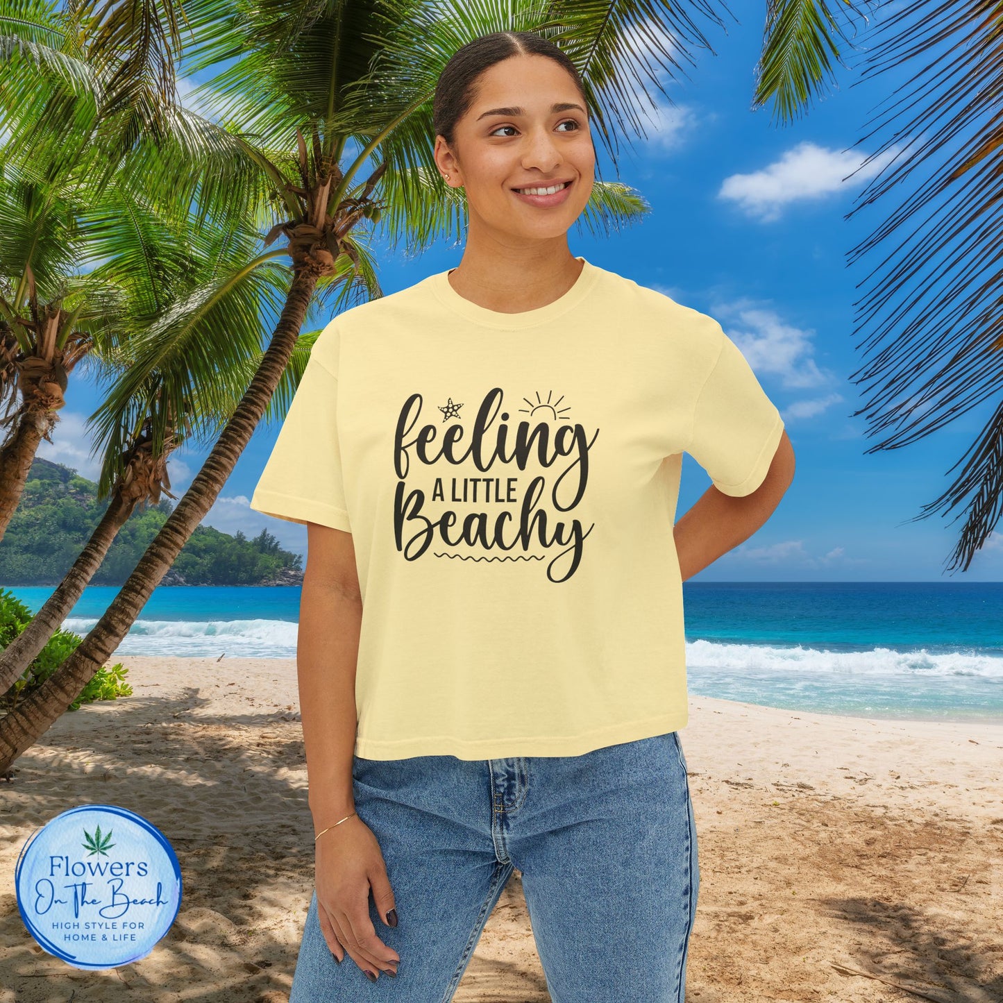 Beachy Women's Boxy Tee, Crop Tshirt, Beach Theme Shirt, Summer Vibes Top, Vacation Apparel