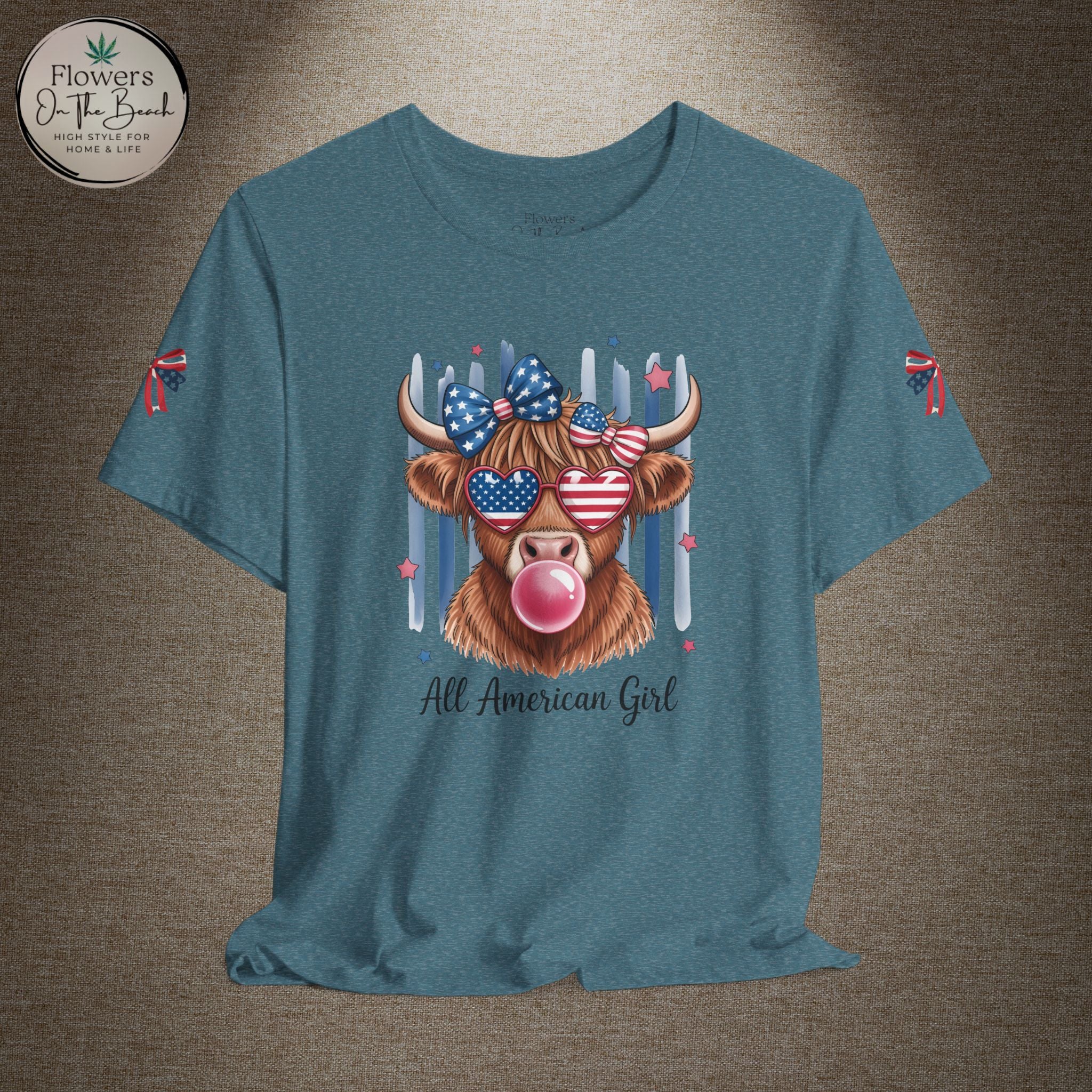 All-American Girl Highland Cow T-Shirt — Patriotic Cute Cow Tee
