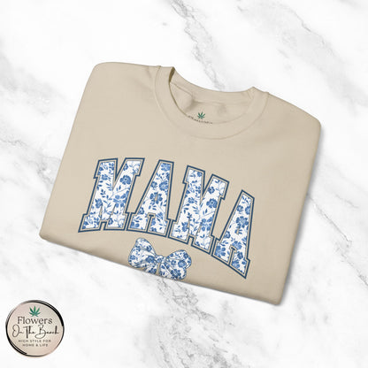 Floral Mama Coquette Blue Flowers Crewneck Sweatshirt, Mother's Day Gift, Gift for Her, Mom Apparel, Floral Sweatshirt, Boy Mom Sweatshirt